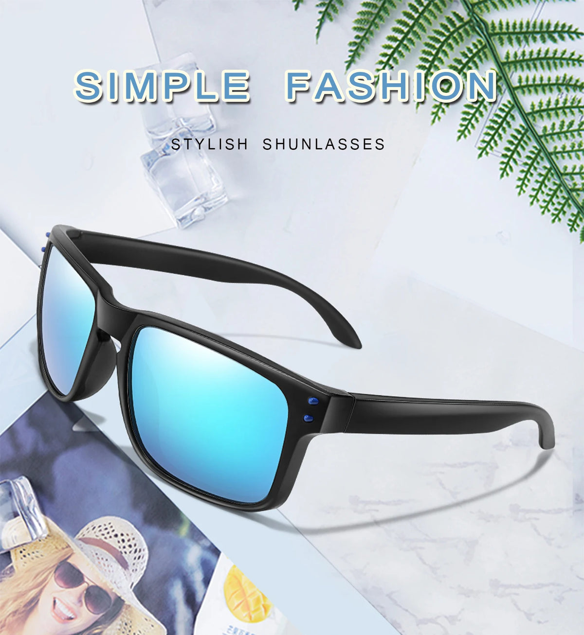 A pair of black stylish sunglasses with blue lenses is displayed on a white surface.