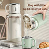 A hand is shown plugging a filter into a stainless steel insulated water bottle to drink water.