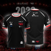 A black esports team jersey with white trim featuring sponsor logos and a stylized design.