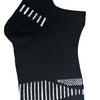 Black crew socks with white vertical stripes on the cuff and upper leg.