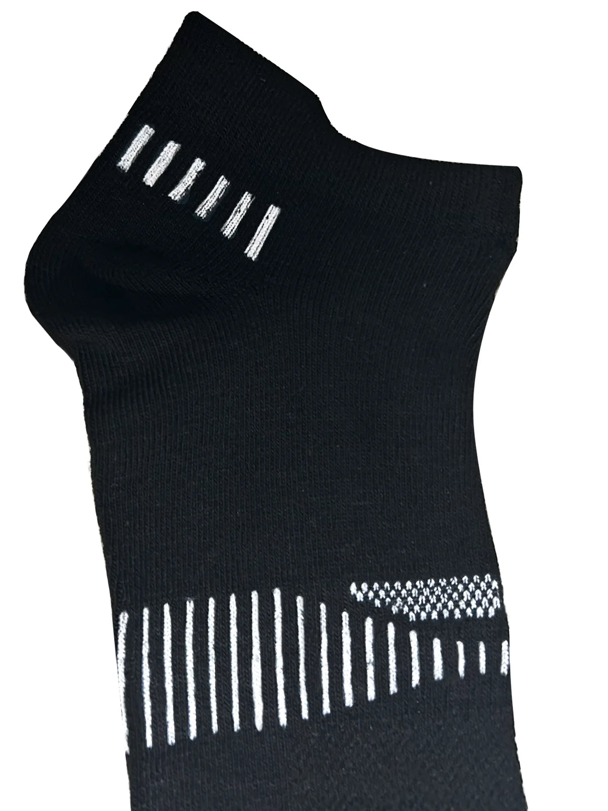 Black crew socks with white vertical stripes on the cuff and upper leg.