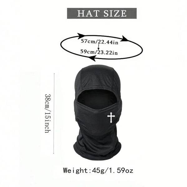 Black breathable full face balaclava ski mask with adjustable sizing options and a cross detail
