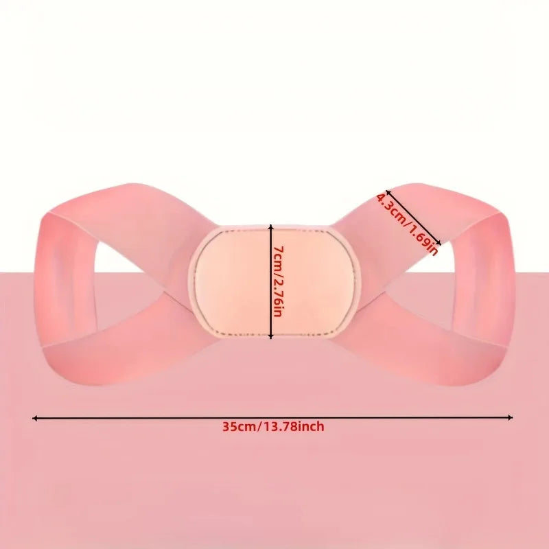A pink adjustable posture corrector belt designed for back and shoulder support.