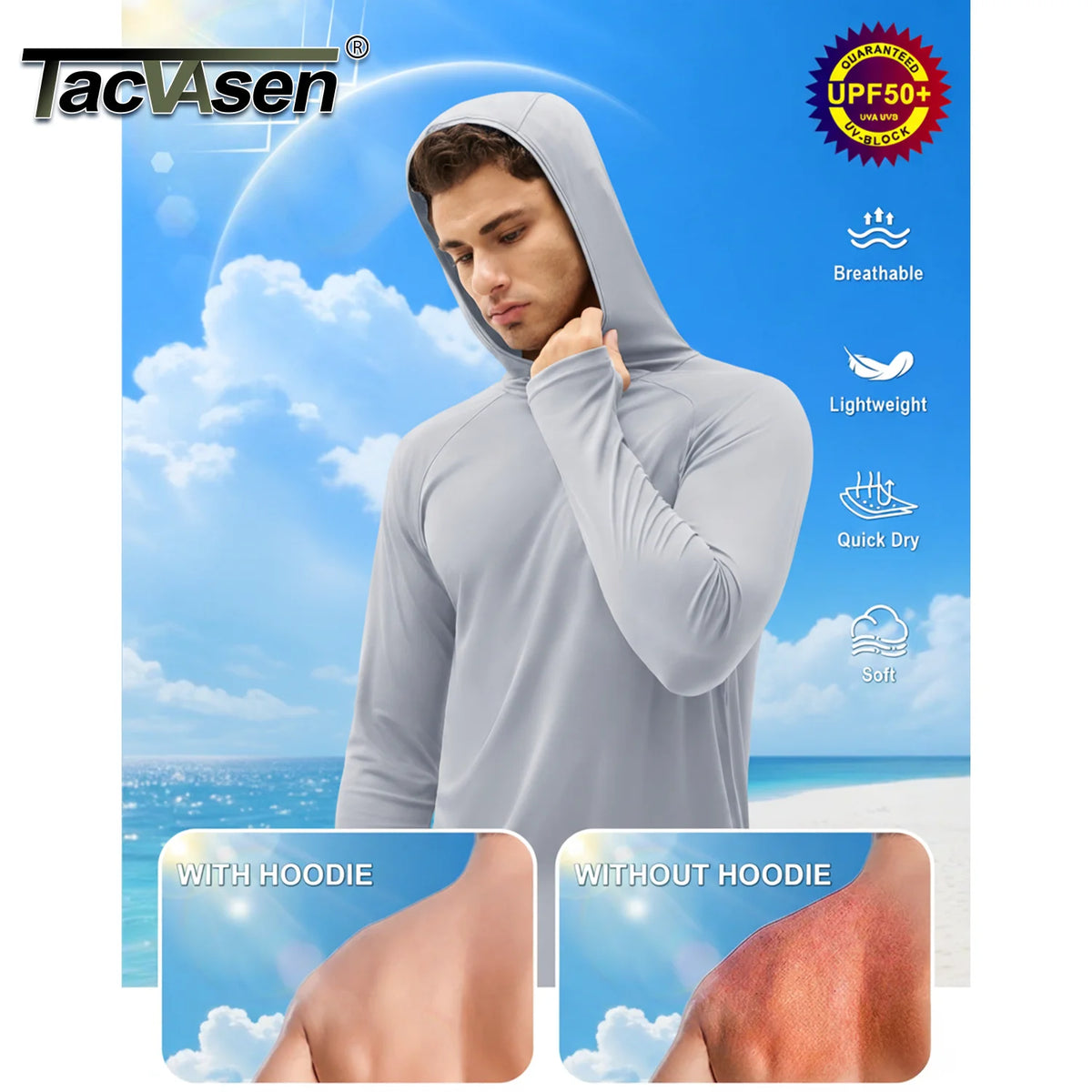 Männliches Model trägt einen grauen leichten Hoodie vor blauem Himmel.