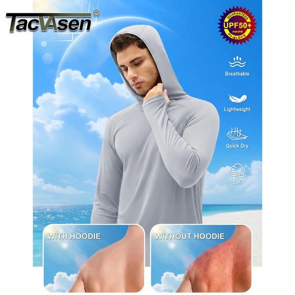 A male model wearing a gray lightweight hoodie, demonstrating its features against a blue sky background.