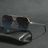 A pair of black aviator sunglasses with double bridge and UV400 protection resting on a dark surface.