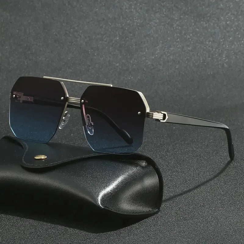 A pair of black aviator sunglasses with double bridge and UV400 protection resting on a dark surface.