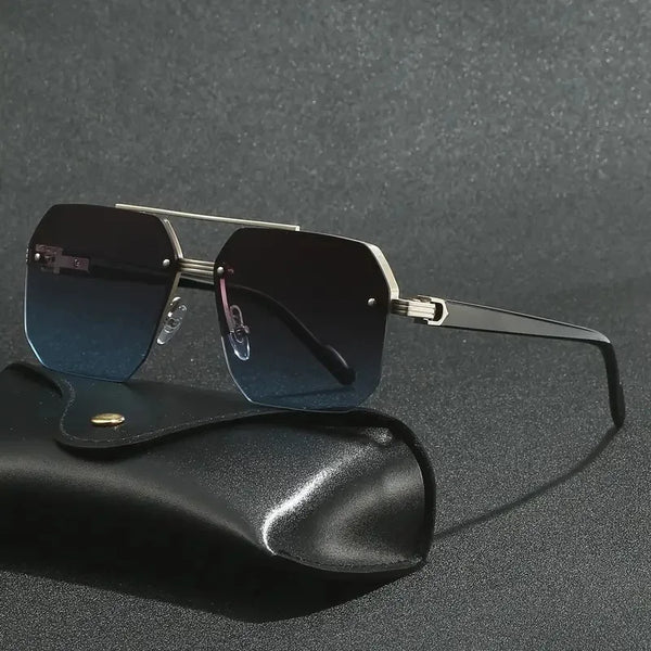 A pair of black aviator sunglasses with double bridge and UV400 protection resting on a dark surface.