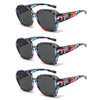 A set of wrap-around sunglasses with floral patterns in black and pink on a white background.