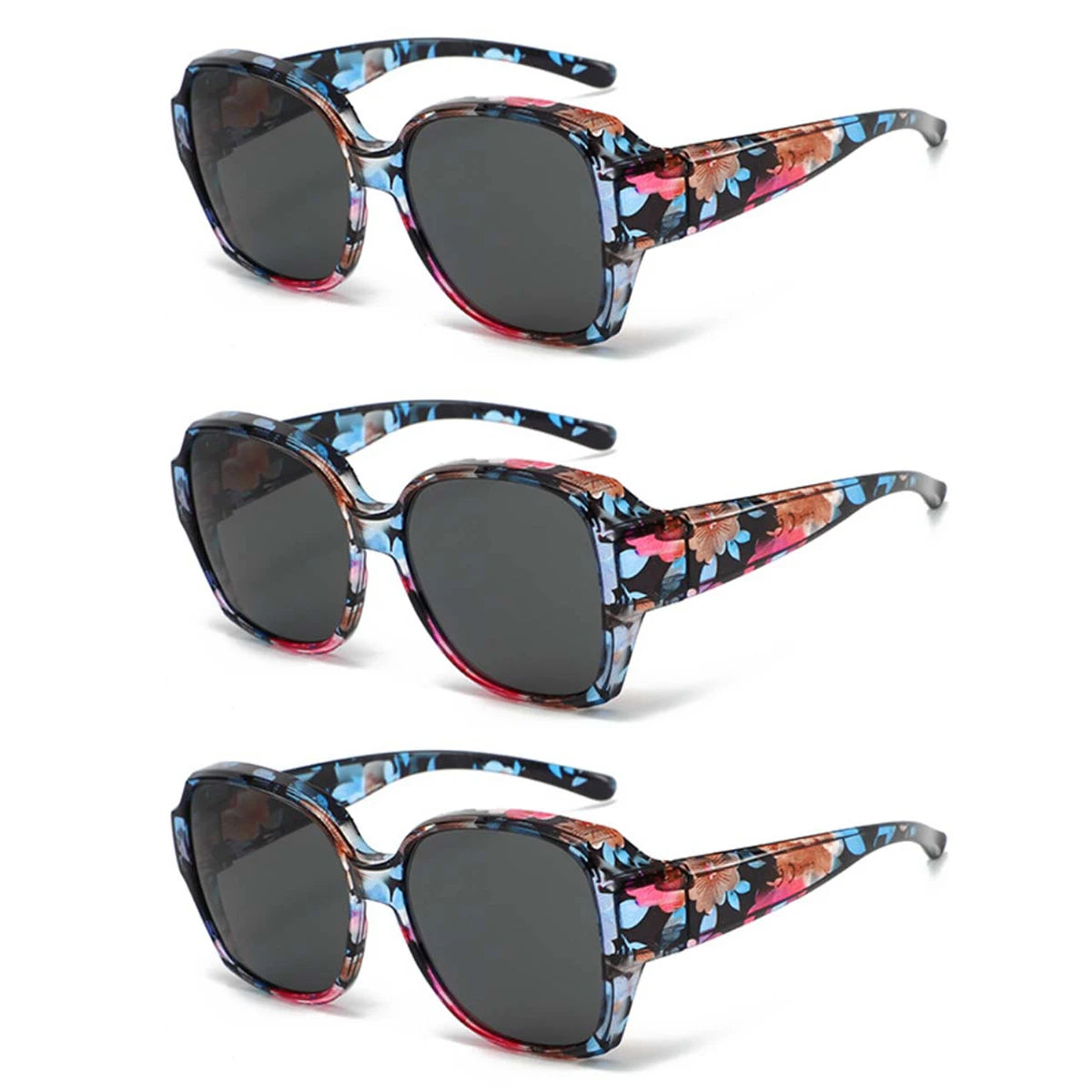 A set of wrap-around sunglasses with floral patterns in black and pink on a white background.