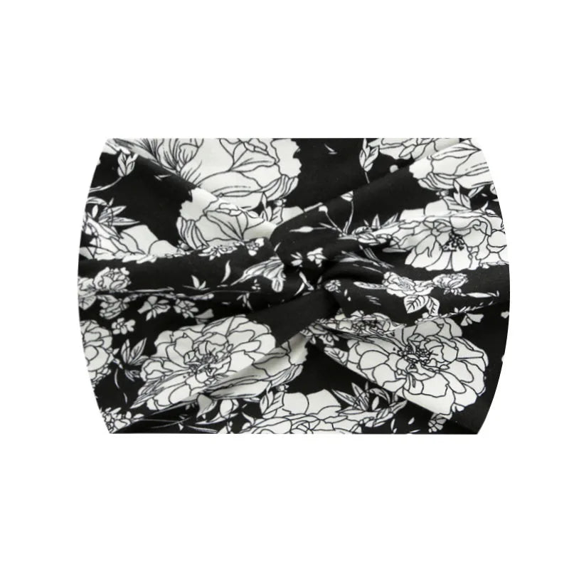 Black and white floral print boho printed wide knotted headband