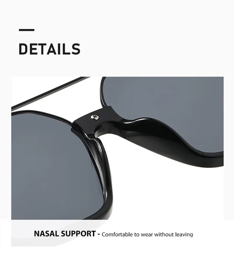 Close-up view of black UV400 double beam sunglasses showing the nasal support design.