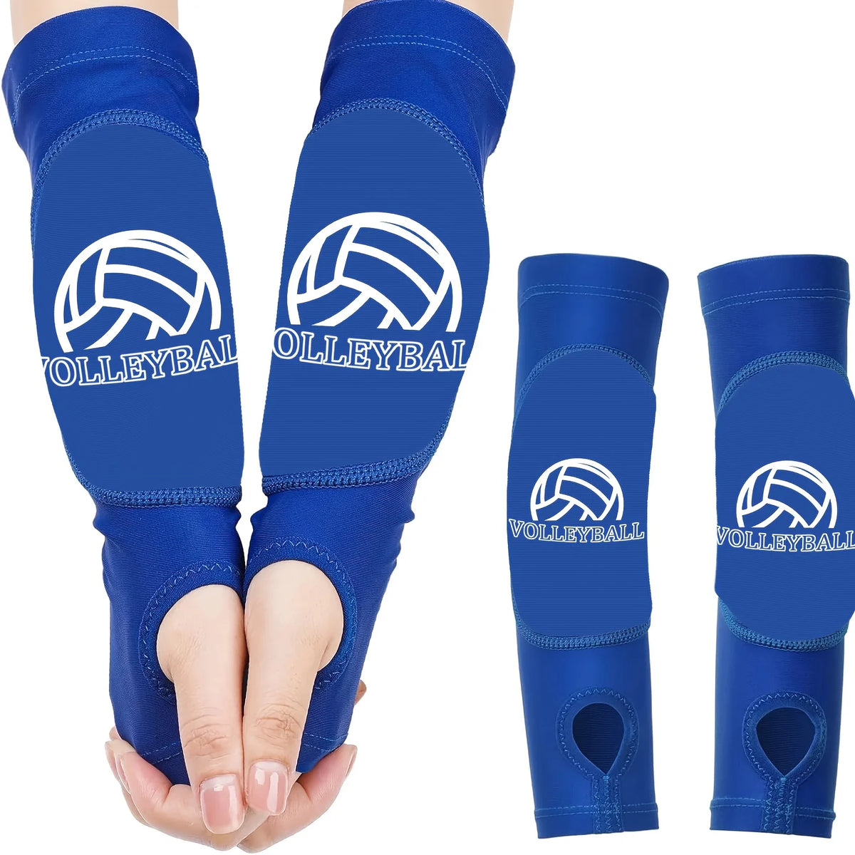 Une paire de manches de volleyball rembourrées bleu royal sur une main.