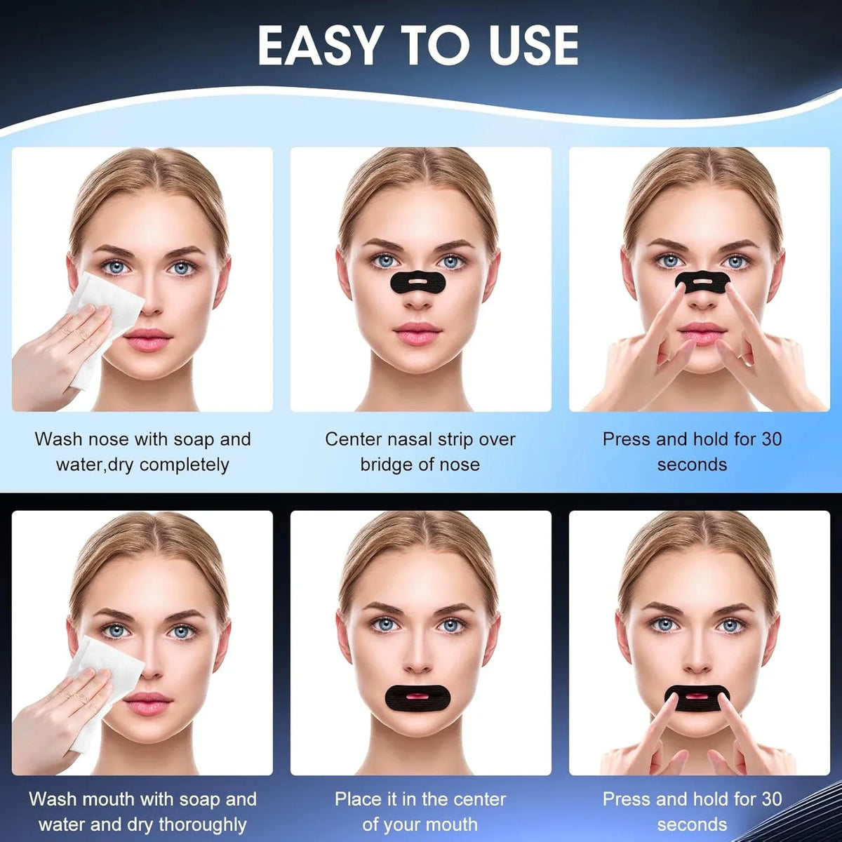 Instructions for using medical grade anti-snoring nasal strips on the nose and mouth.