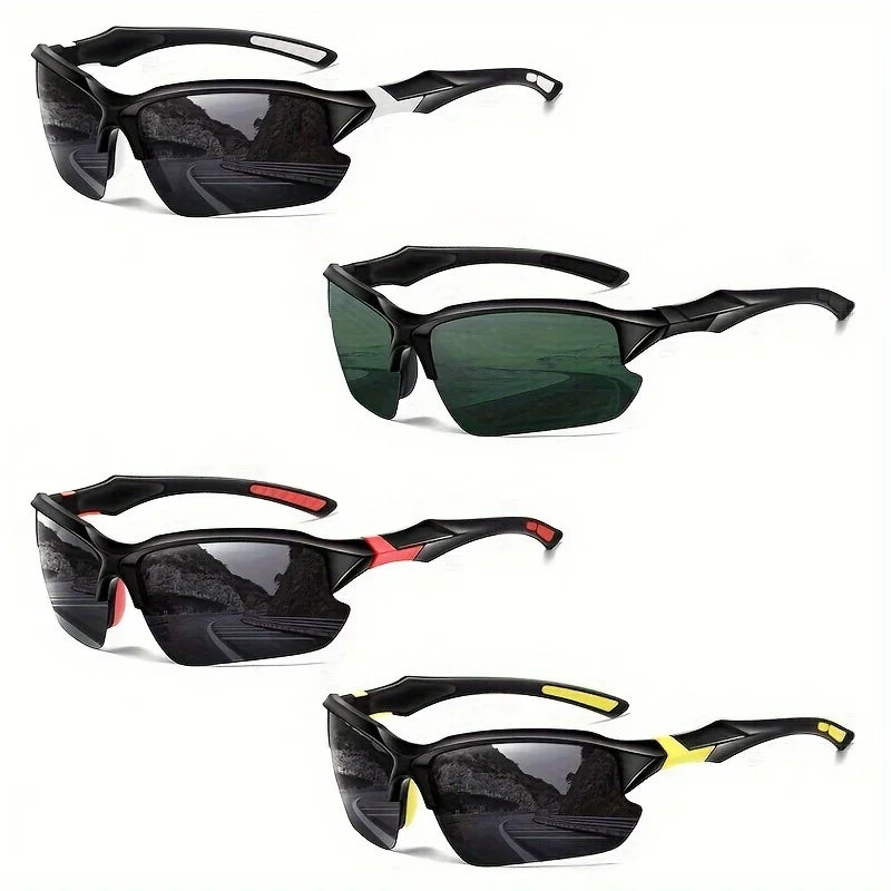 A set of black polarized sport sunglasses shown in various angles.