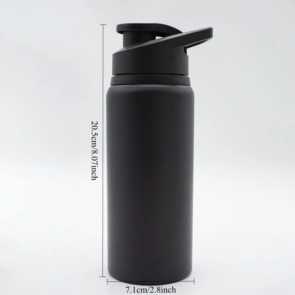 A black leakproof aluminum portable water bottle with a hinged cap shown against a white background.