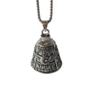 Silver bell pendant with an eagle design and text engraved on it