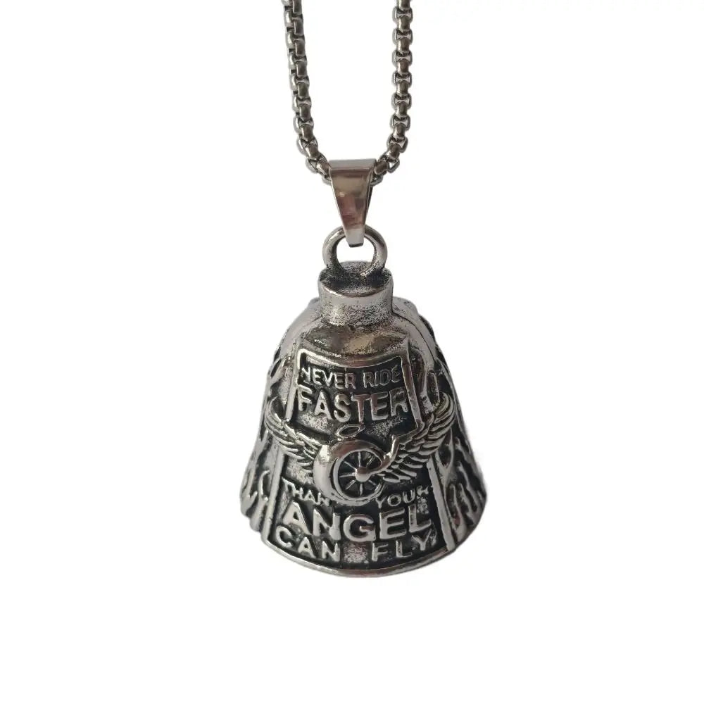 Silver bell pendant with an eagle design and text engraved on it