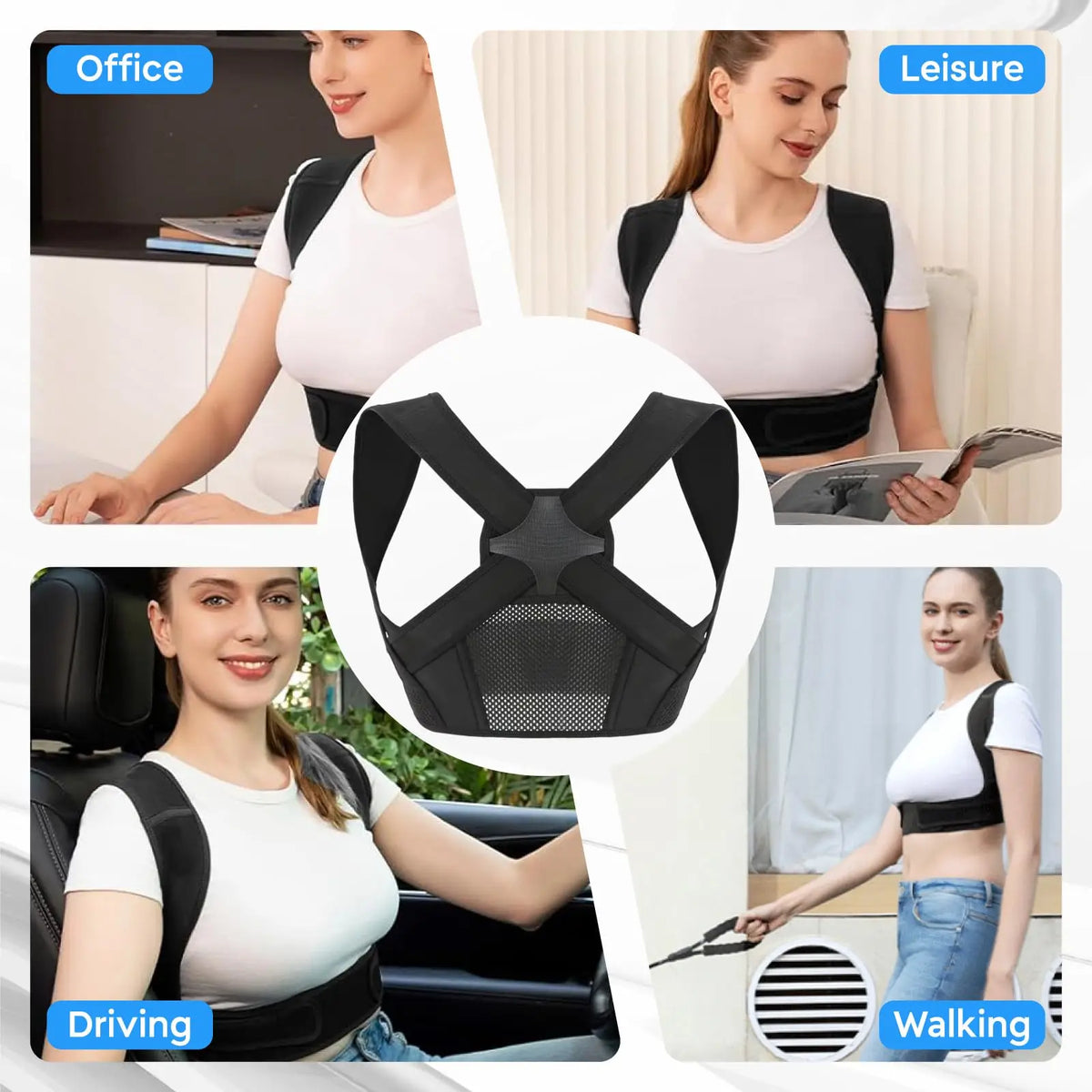 Various women demonstrate the adjustable posture corrector for back and shoulder support in office, leisure, driving, and wal