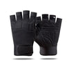 A pair of black half-finger anti-slip outdoor gloves for cycling and hiking.