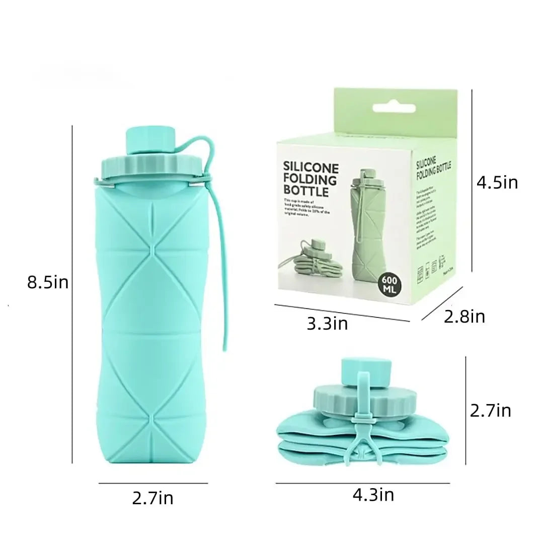 Botella plegable de silicona verde azulada con caja de cartón y componentes apilados.