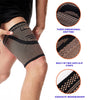 Close-up view of anti-slip copper thigh compression sleeves showing three-dimensional knitting and anti-slip strips.