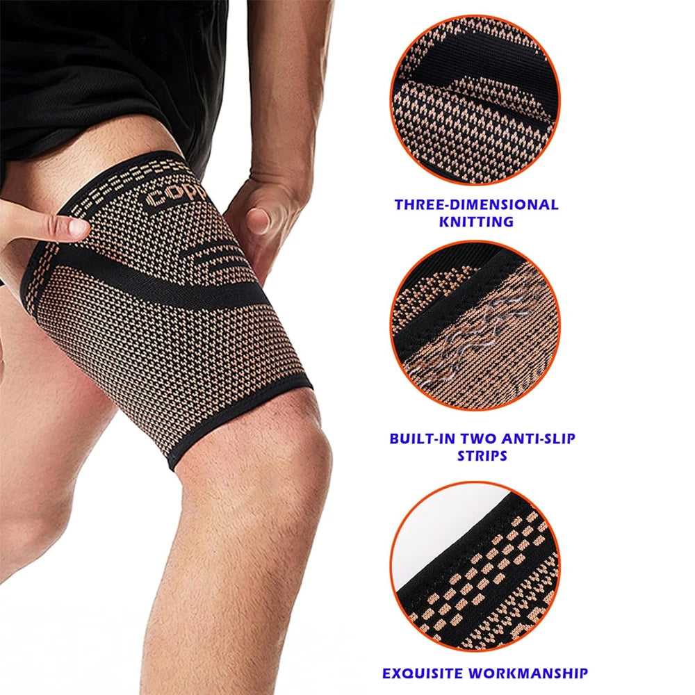 Close-up view of anti-slip copper thigh compression sleeves showing three-dimensional knitting and anti-slip strips.