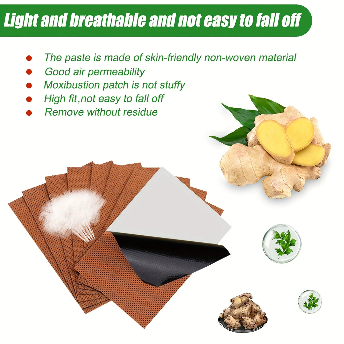 A patch made of non-woven material is shown next to ginger root and a piece of white paper.