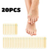 20 pieces of clear silicone blister patches for foot protection shown next to a bare foot.