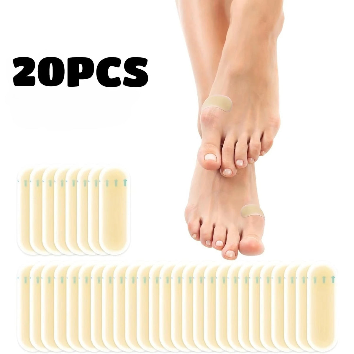 20 pieces of clear silicone blister patches for foot protection shown next to a bare foot.