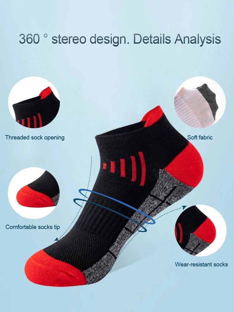 A black and red knit sports sock is shown with details highlighting a threaded opening, soft fabric, comfortable tip, and wea