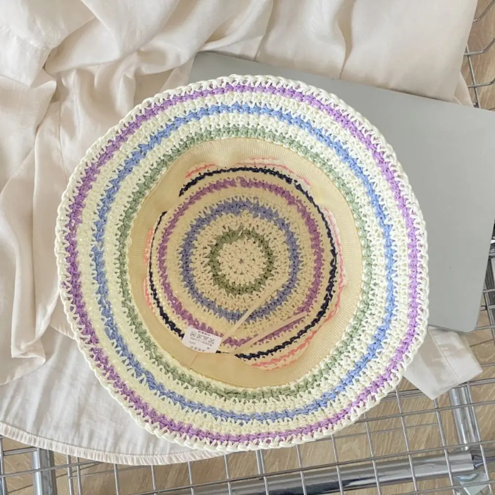 Handwoven Rainbow Stripe Straw Sun Hat with Wide Brim