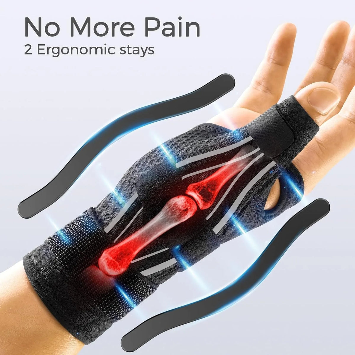 Una mano con una férula de muñeca negra, mostrando tendones rojos, demostrando soportes ergonómicos para alivio del dolor