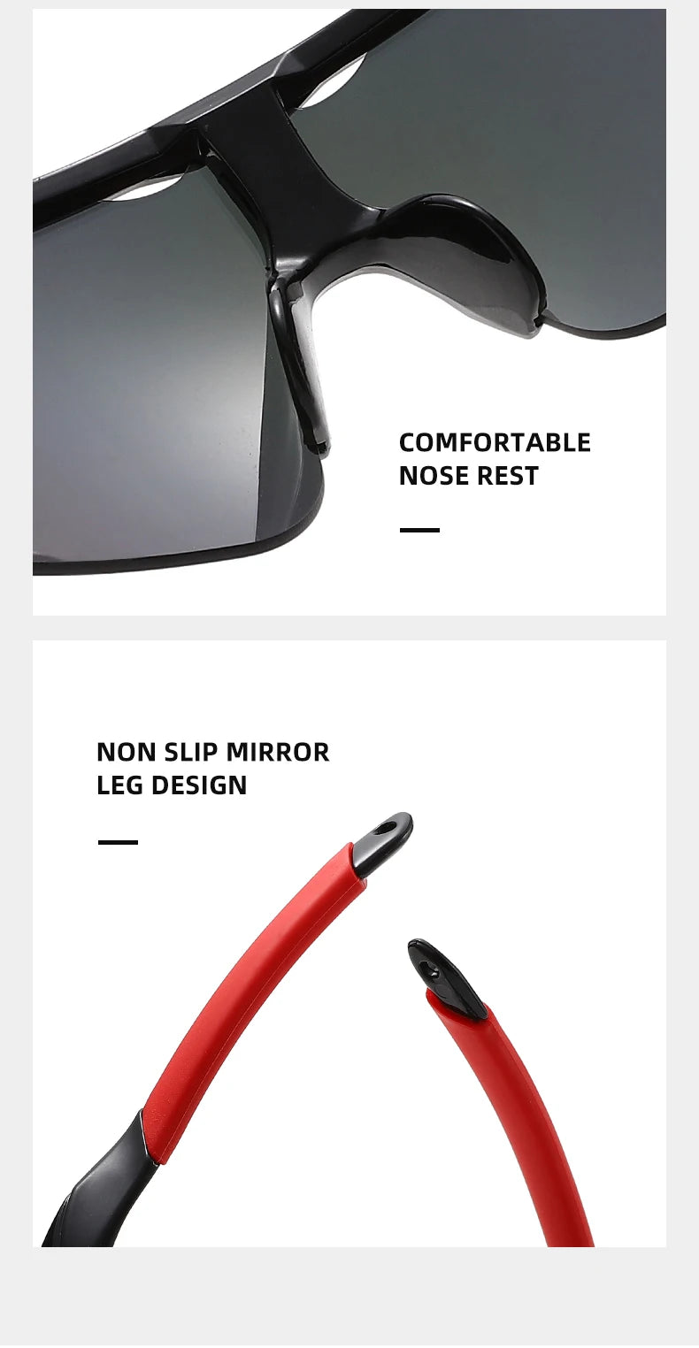 A pair of black anti-glare sports sunglasses with a comfortable nose rest and a red mirror leg design.