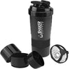 Black portable protein shaker bottle with a separate shaker cup and lid.