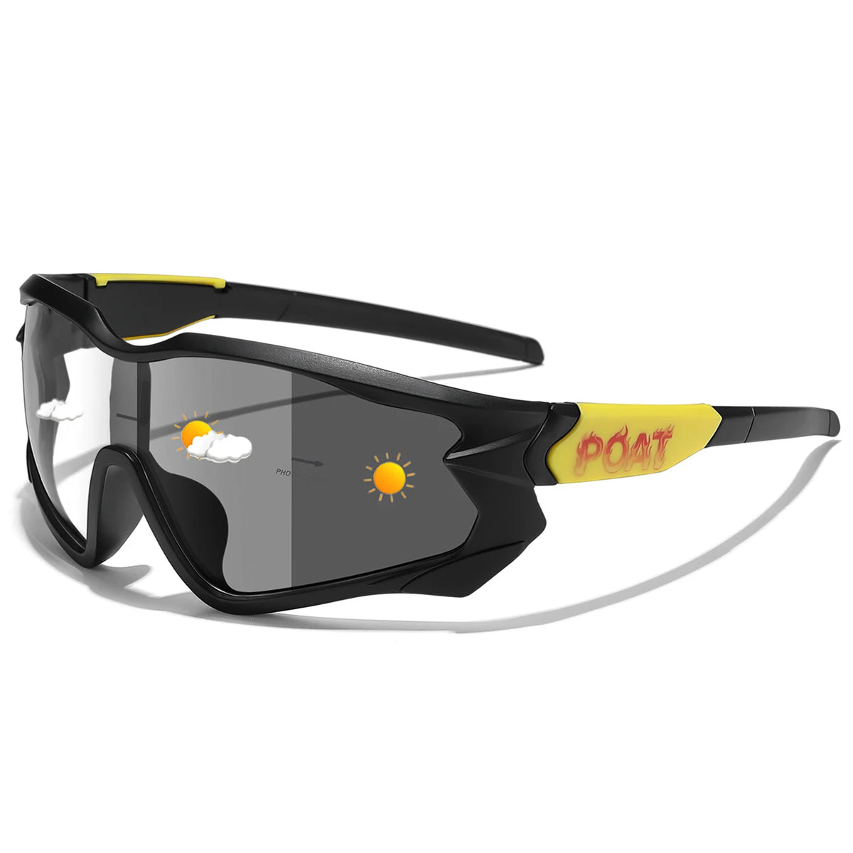 Black photochromic sports sunglasses with yellow accents and a black strap.