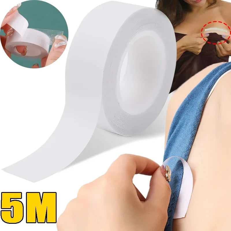 Roll of white invisible double-sided fashion tape being applied to skin.