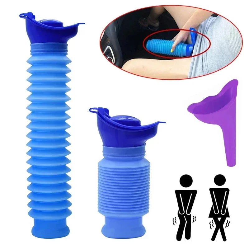 Blue portable telescopic urinal for outdoor and travel with a flexible design shown in various forms.