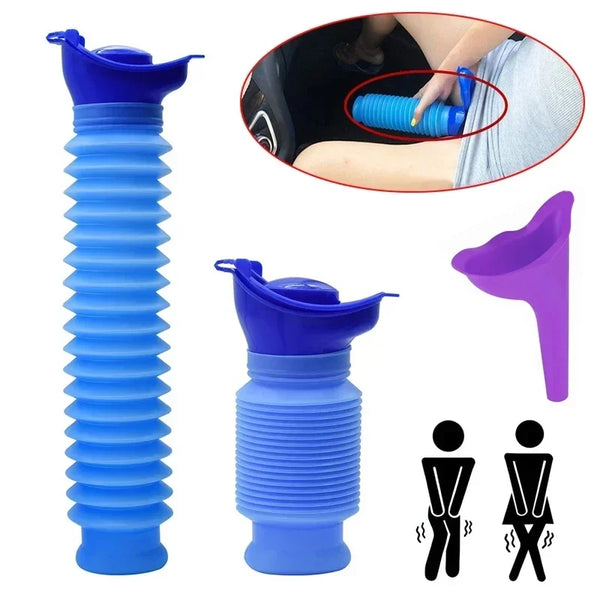 Blue portable telescopic urinal for outdoor and travel with a flexible design shown in various forms.