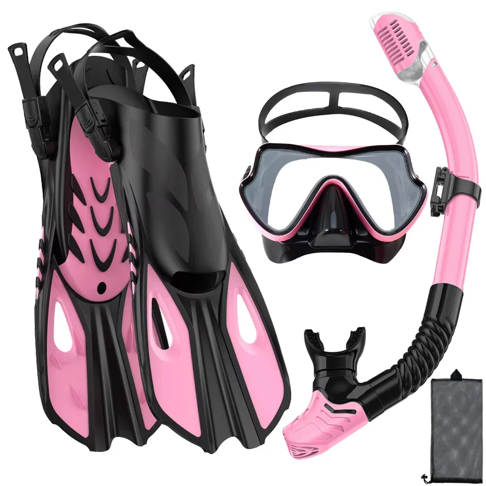 Premium 3-in-1 Snorkeling Set with Panoramic Mask, Dry Snorkel, and Adjustable Fins