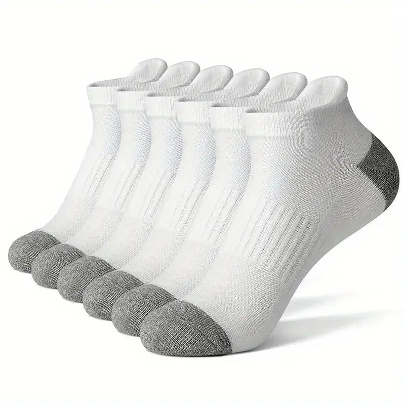 A stack of white and gray men's cotton blend ankle socks for sports and running