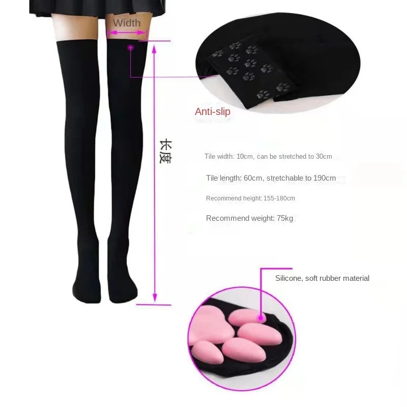Black thigh high socks with cat paw pads and anti-slip grips for cosplay