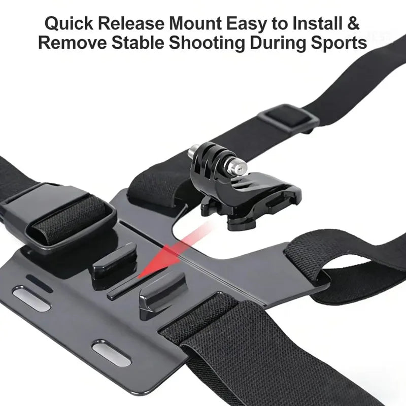Black universal adjustable chest strap kit for mounting phones and cameras during sports.