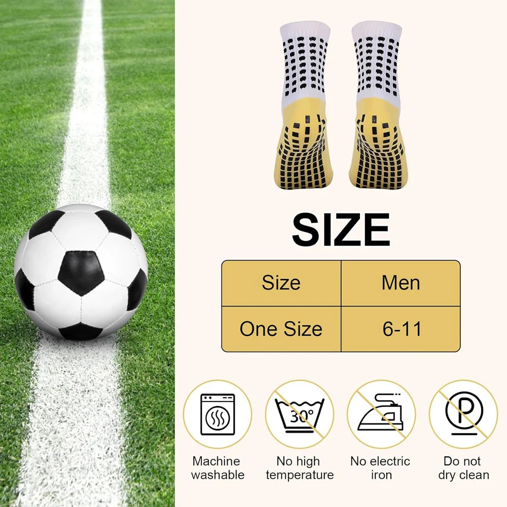 Ein Set gelber und schwarzer Griffhose für Sport, gezeigt neben einem Fußball und Pflegeanweisungen.