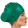 A close-up of a teal silicone swim cap worn on a woman's head.