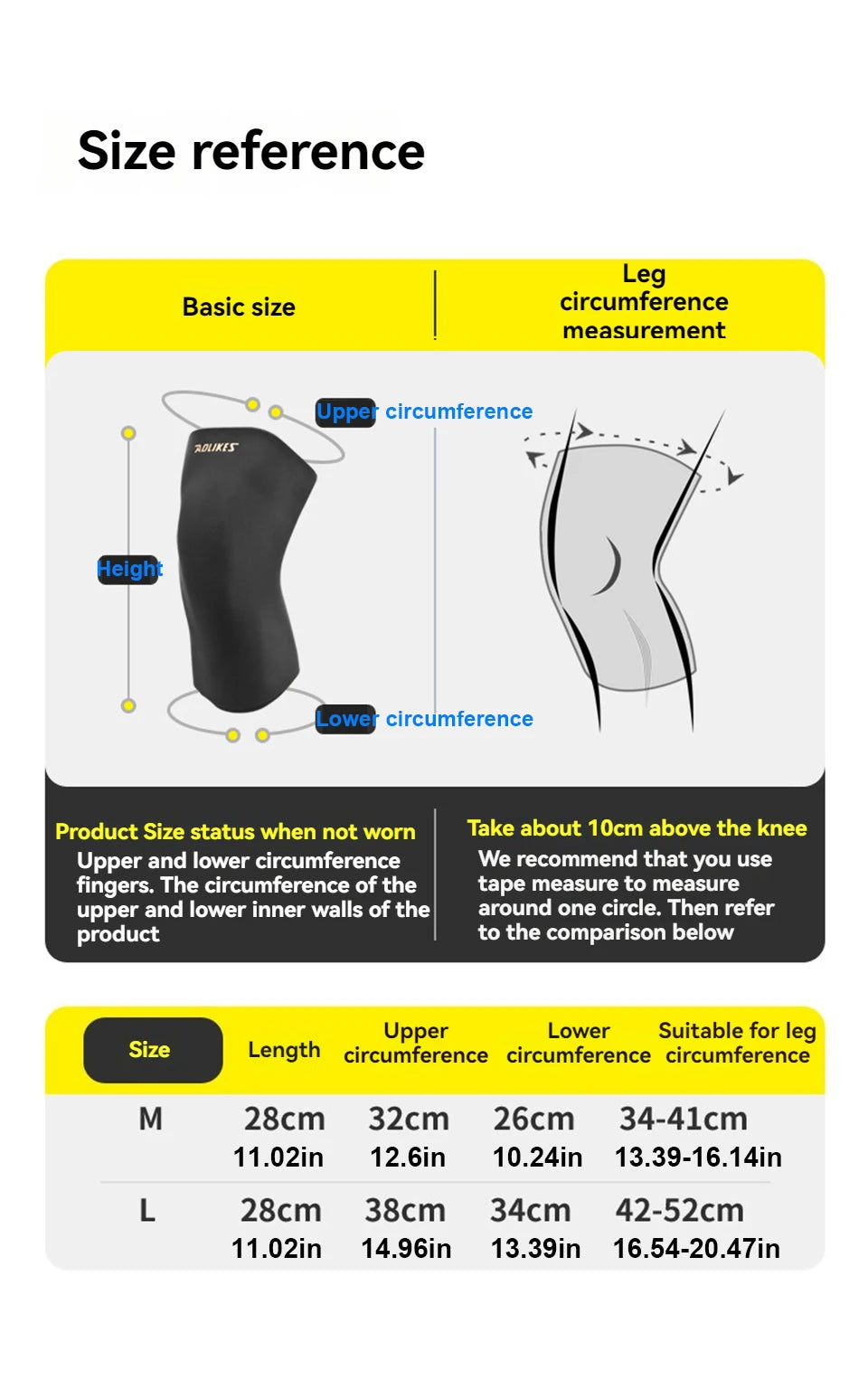 Size reference chart for a knee sleeve showing measurements for M and L sizes.