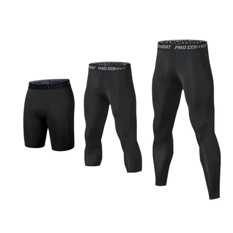 Black men's compression leggings shown in various views