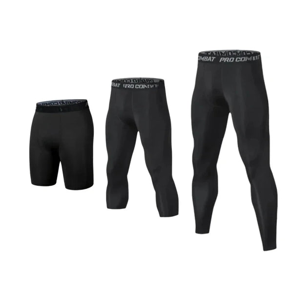 Leggings de compresión negras para hombres, mostrados en varias vistas
