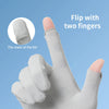 A hand wearing light gray UV protection driving gloves, demonstrating how to flip the lid with two fingers.