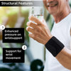 A man is holding a glass of water while wearing a black wrist support strap on his wrist.